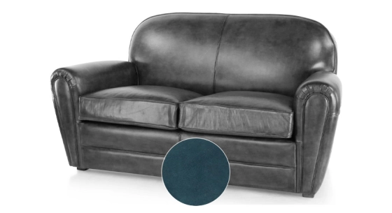 2 seater leather club sofa blue piped armrests
