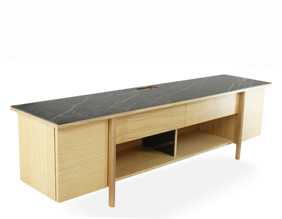 TV unit in natural oak and black marble ceramic