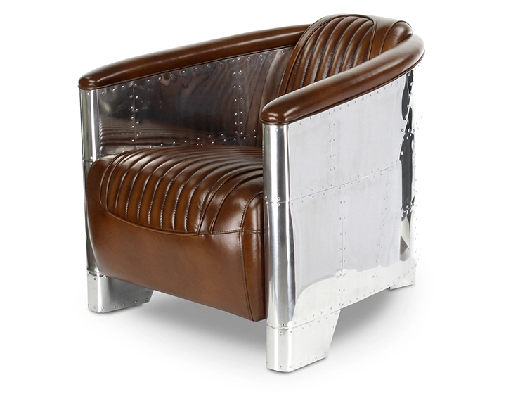 Fauteuil aviateur aluminium riveté et cuir marron vintage Fauteuil aviateur aluminium riveté et cuir marron vintage
