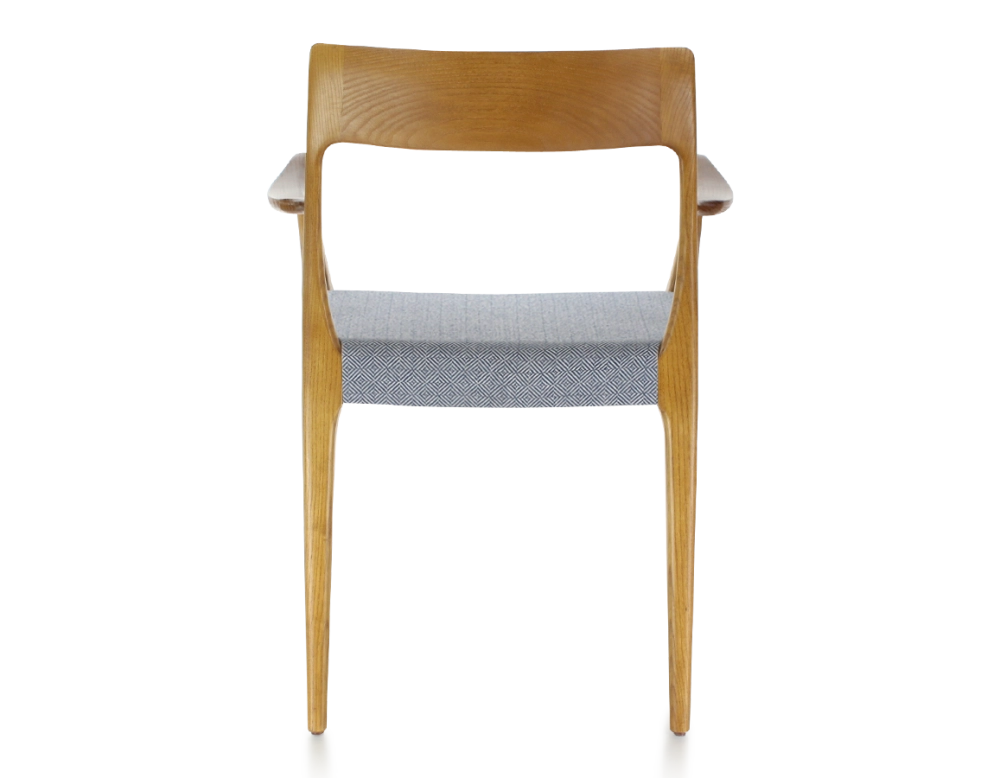 Scandinavian armchair with armrests cherry-stained wood, blue chevron fabric seat Scandinavian armchair with armrests cherry-stained wood, blue chevron fabric seat