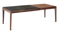 Extending table for 6 to 12 people in walnut and ceramic with wooden extensions with natural stained wood and black marble effect ceramic top 140x100 cm Extending table for 6 to 12 people in walnut and ceramic with wooden extensions with natural stained wood and black marble effect ceramic top 140x100 cm