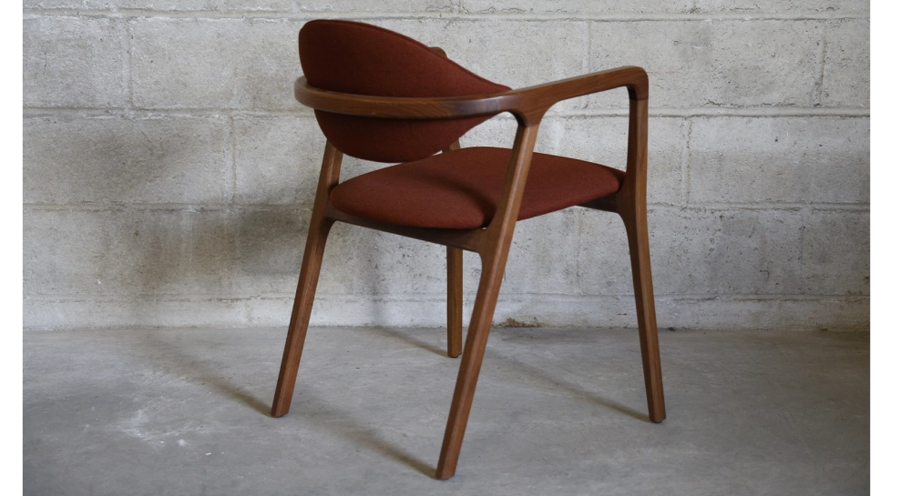 Walnut Designer armchair natural wood finish and brown fabric