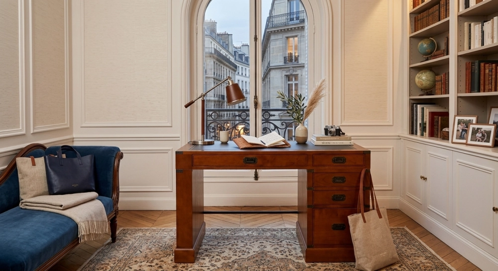 Navy desk in wood and leather bois teinte merisier et cuir vert