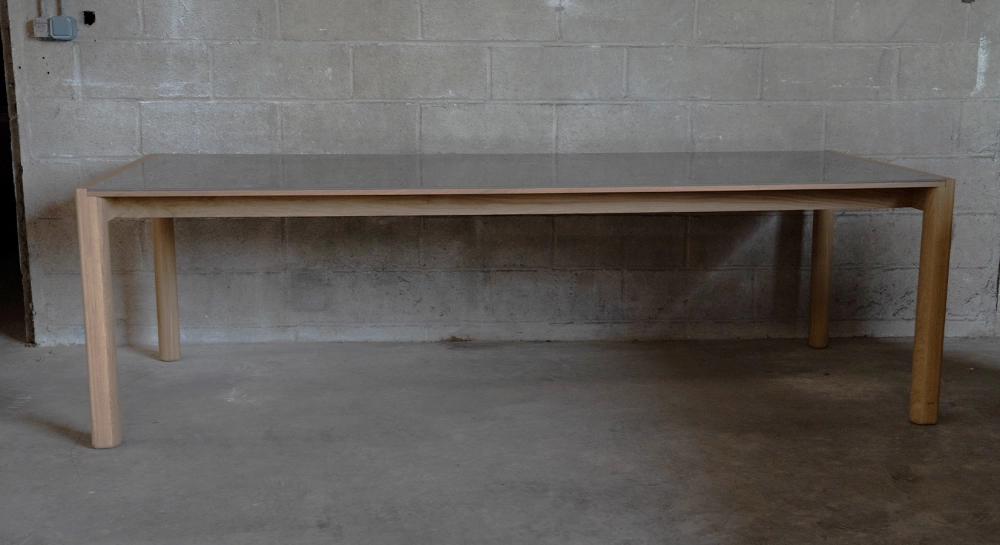 Extensible oak table for 8 to 12 people with slate effect ceramic top and anthracite tinted extensions 160x100 cm