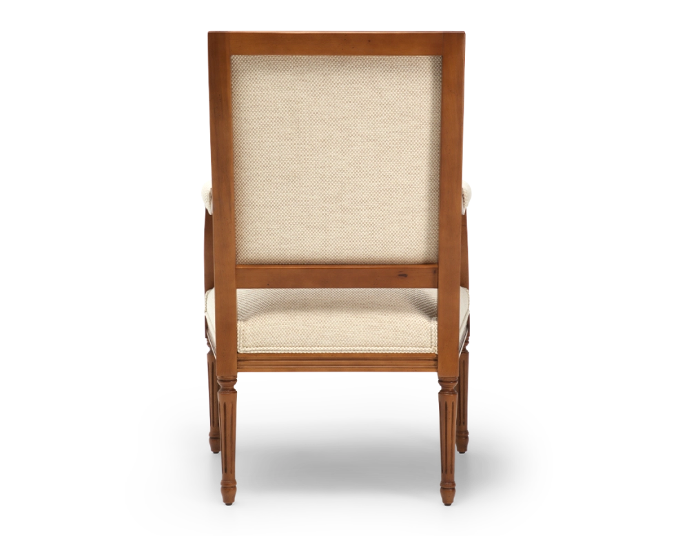 Fauteuil ancien style Louis XVI bois teinte ancienne et tissu chiné beige Fauteuil ancien style Louis XVI bois teinte ancienne et tissu chiné beige