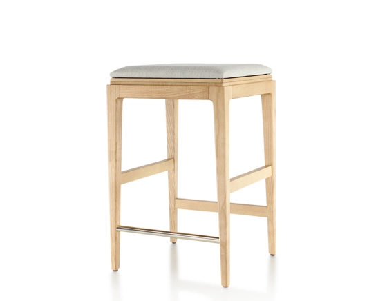 H60 cm designer bar stool natural stained wood seat natural beige fabric