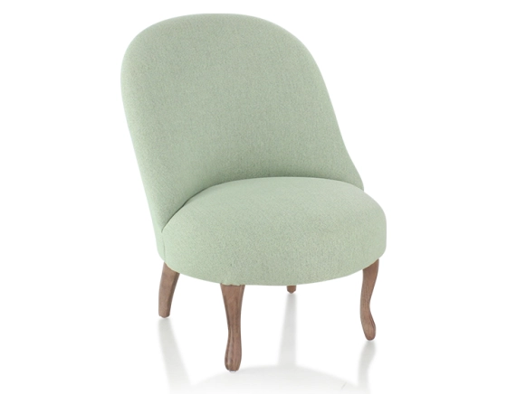 Fauteuil crapaud sans accoudoirs pieds bois teinte noyer et tissu vert sauge