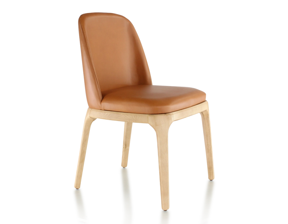 Designer chair natural stained wood and caramel leather Designer chair natural stained wood and caramel leather