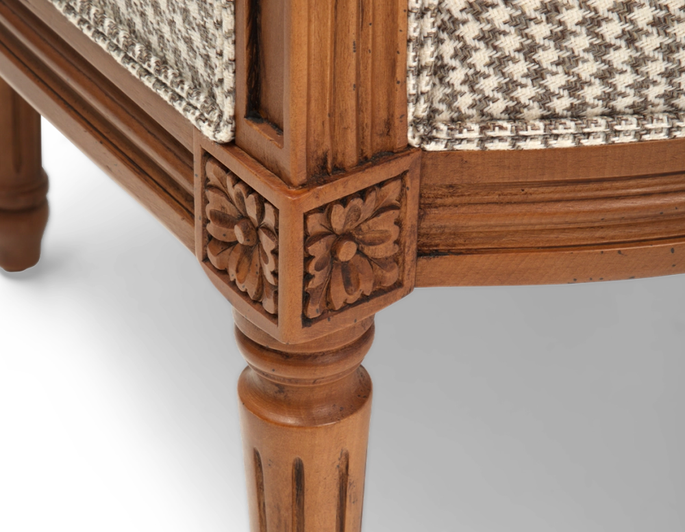 Louis XVI style bergère armchair wood antique stain and white and taupe houndstooth fabric Louis XVI style bergère armchair wood antique stain and white and taupe houndstooth fabric