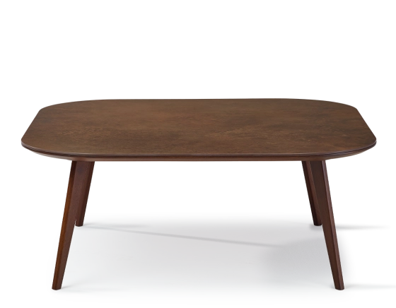 Square coffee table with rounded corners F2 in oak and ceramic dark brown stained wood with rust-effect ceramic top. 90x90x30 cm