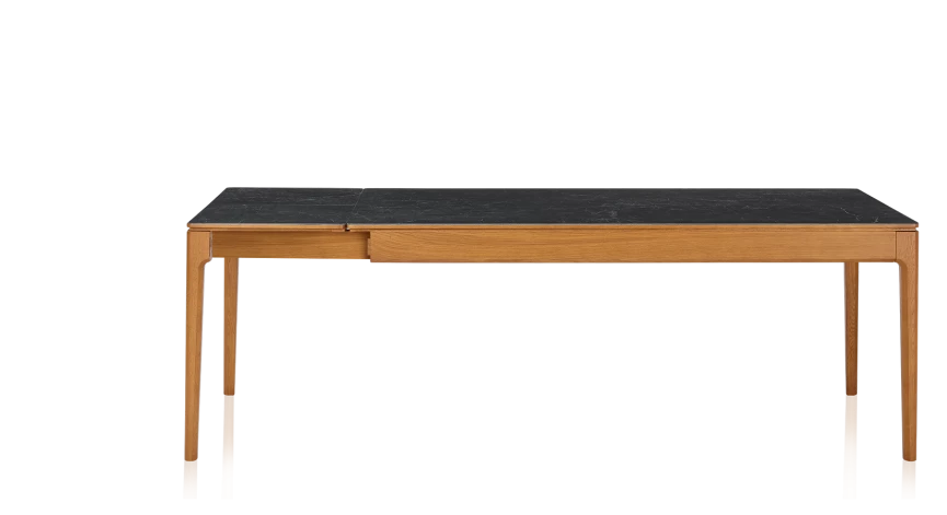 Table extensible en chêne et céramique allonges céramique avec bois teinte merisier et plateau et allonges céramique effet ardoise 140x90 cm