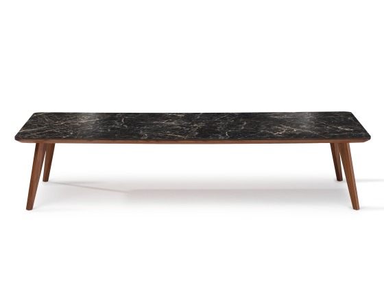 F7 rectangular coffee table in walnut and ceramic Natural stained wood and black marble effect ceramic M2 140x60x40 cm