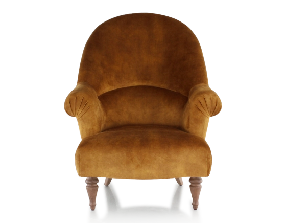 Toad armchair with armrests walnut-stained wooden legs and high-backed bronze velvet fabric