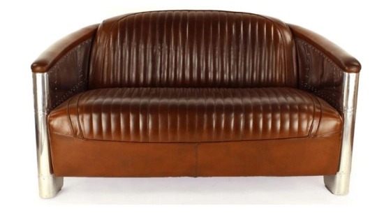 Canapé aviateur aluminium riveté et cuir 2 places marron vintage