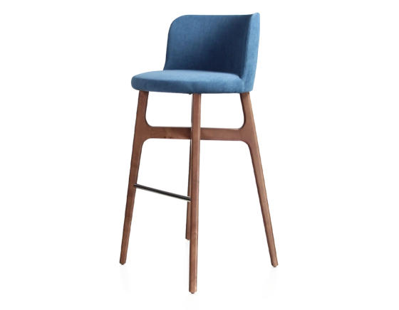 Tabouret de bar h80 cm bois teinte noyer assise tissu bleu jeans