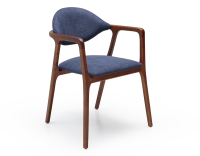 Chaise design avec accoudoirs bois teinte merisier et tissu bleu océan Chaise design avec accoudoirs bois teinte merisier et tissu bleu océan