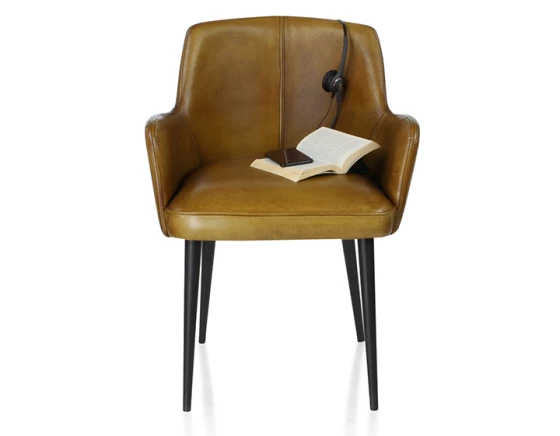 Chaise vintage avec accoudoirs cuir cognac - pieds noirs