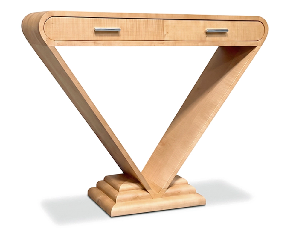 Console art déco double tiroirs bois teinte naturelle