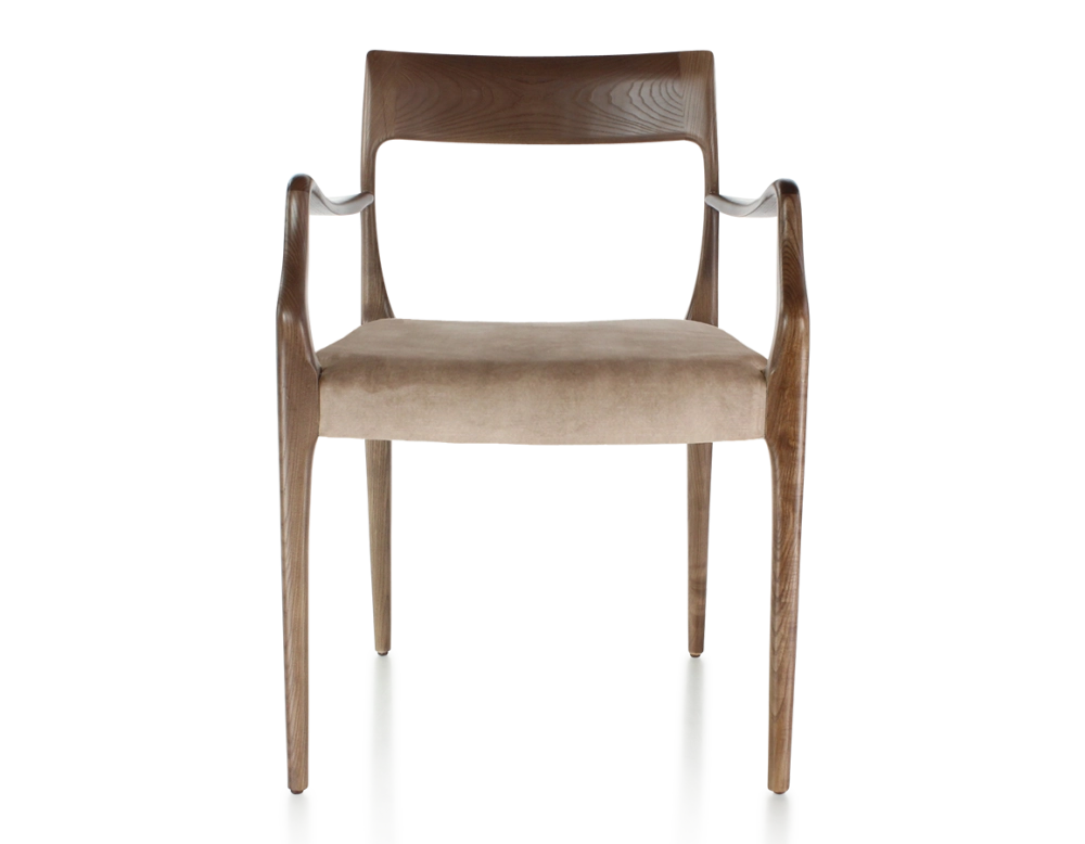 Chaise scandinave avec accoudoirs bois teinte marron foncé assise tissu velours taupe clair Chaise scandinave avec accoudoirs bois teinte marron foncé assise tissu velours taupe clair