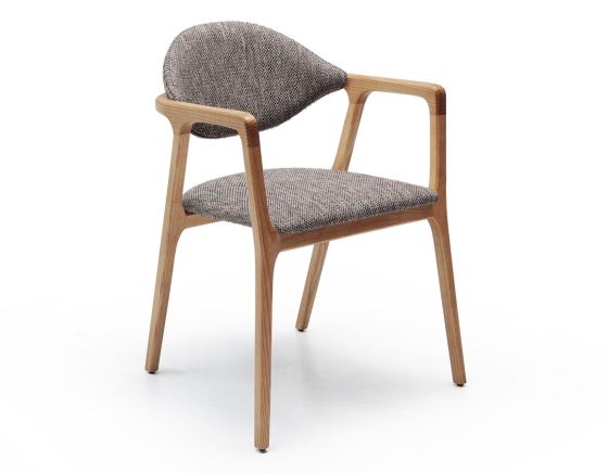 Designer armchair natural wood finish and brown mottled fabric