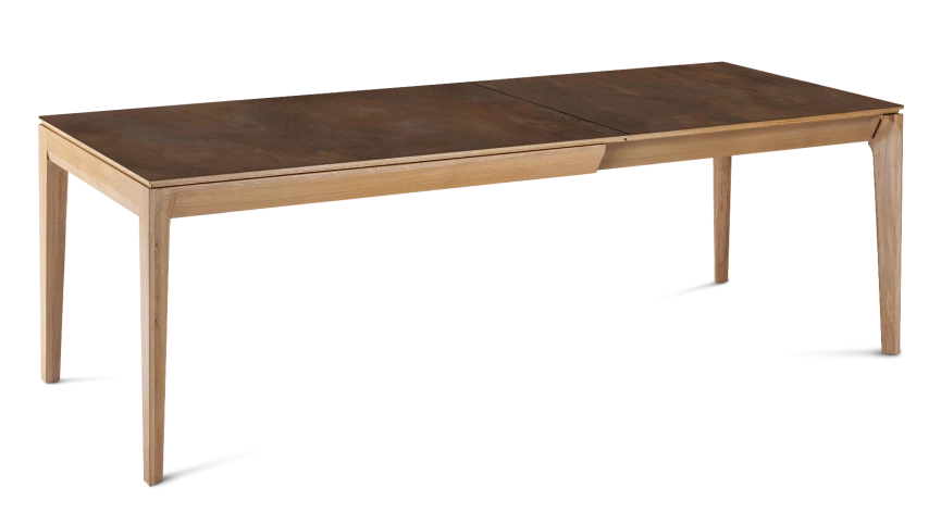 Table extensible en chêne et céramique allonges céramique avec bois teinte naturelle et plateau et allonges céramique brun oxydé 140x90 cm