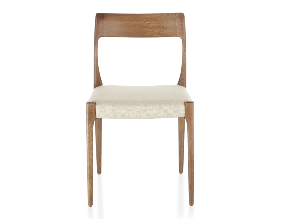 Chaise scandinave bois teinte noyer assise tissu chevron beige