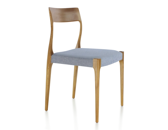 Scandinavian chair cherry-stained wood, blue chevron fabric seat