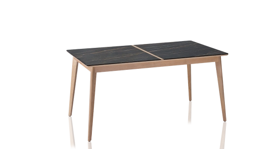 Extendable table for 6 to 12 people in oak and ceramic with wooden extensions with natural wood stain and slate effect ceramic top 140x100 cm