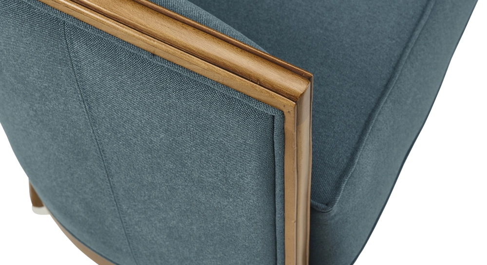 Canapé ancien 2 places accoudoirs moulurés bois teinte ancienne et tissu bleu océan