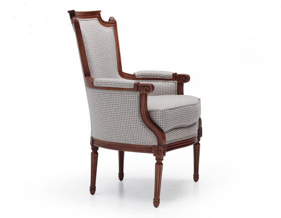 Fauteuil bergère style Louis XVI bois teinte ancienne et tissu pied de poule blanc et taupe