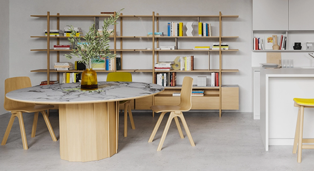 Table salle à manger ronde 6 personnes en chêne et céramique avec bois teinte naturelle et plateau céramique effet marbre blanc 140 cm Table salle à manger ronde 6 personnes en chêne et céramique avec bois teinte naturelle et plateau céramique effet marbre blanc 140 cm