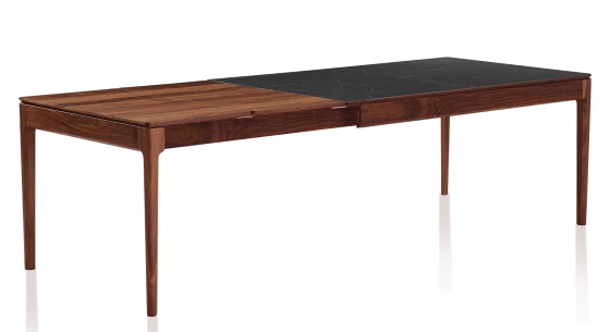 Table extensible en noyer et céramique effet ardoise 140x90 cm allonges bois