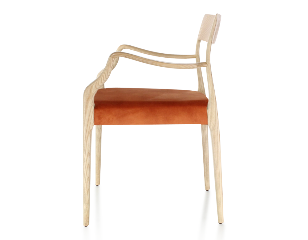 Scandinavian armchair with armrests wood stained natural seat terracotta velvet fabric Scandinavian armchair with armrests wood stained natural seat terracotta velvet fabric