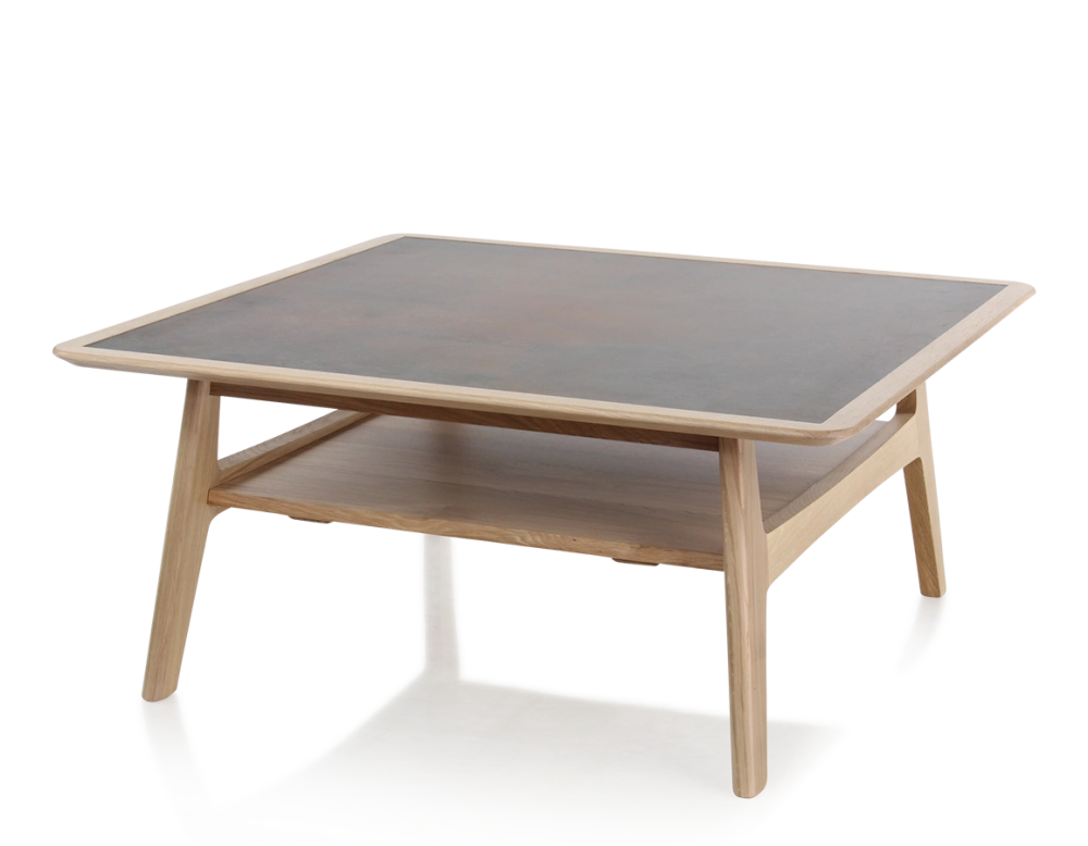 Table basse carrée en chêne et céramique avec bois teinte naturelle plateau céramique brun oxydé 100x100 cm Table basse carrée en chêne et céramique avec bois teinte naturelle plateau céramique brun oxydé 100x100 cm