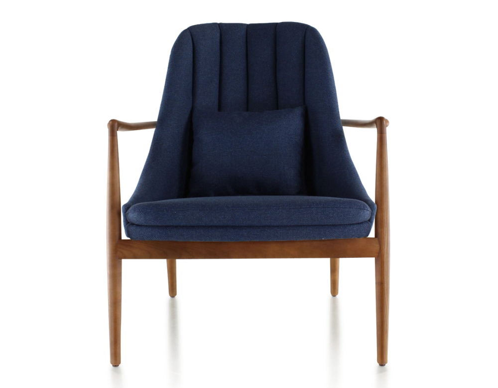 Fauteuil scandinave bois teinte merisier et tissu bleu marine Fauteuil scandinave bois teinte merisier et tissu bleu marine