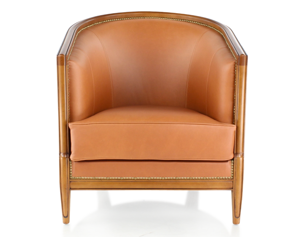 Fauteuil ancien accoudoirs moulurés bois teinte ancienne et cuir caramel