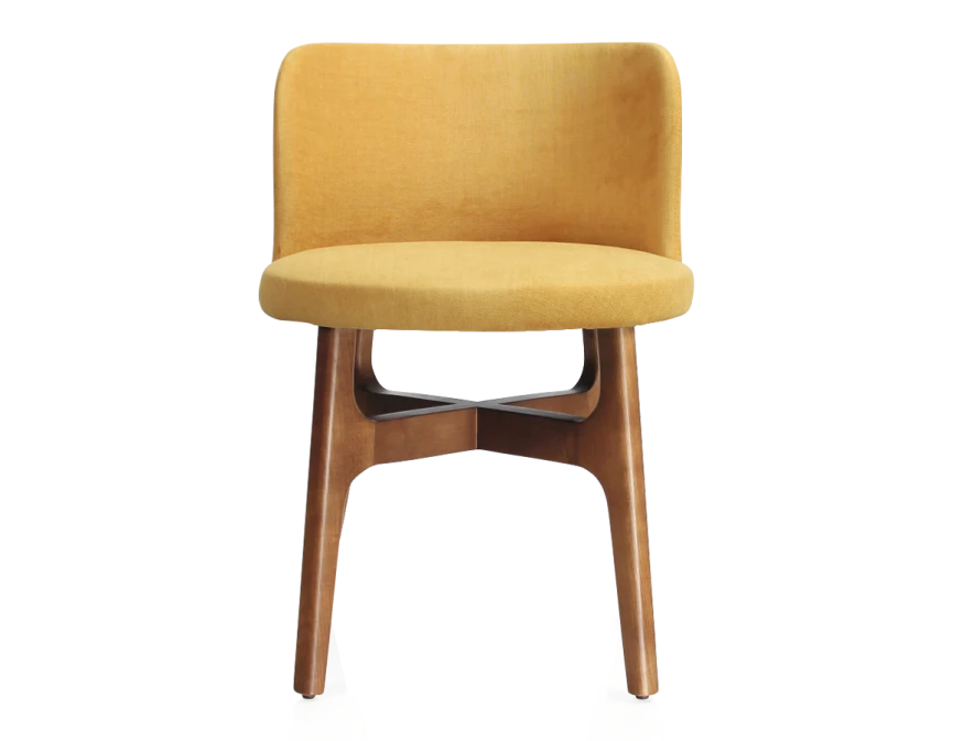 Chaise design bois teinte merisier assise tissu jaune