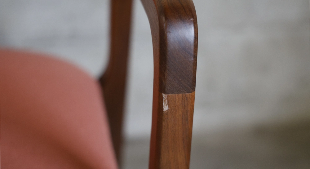 Walnut Designer armchair natural wood finish and brown fabric