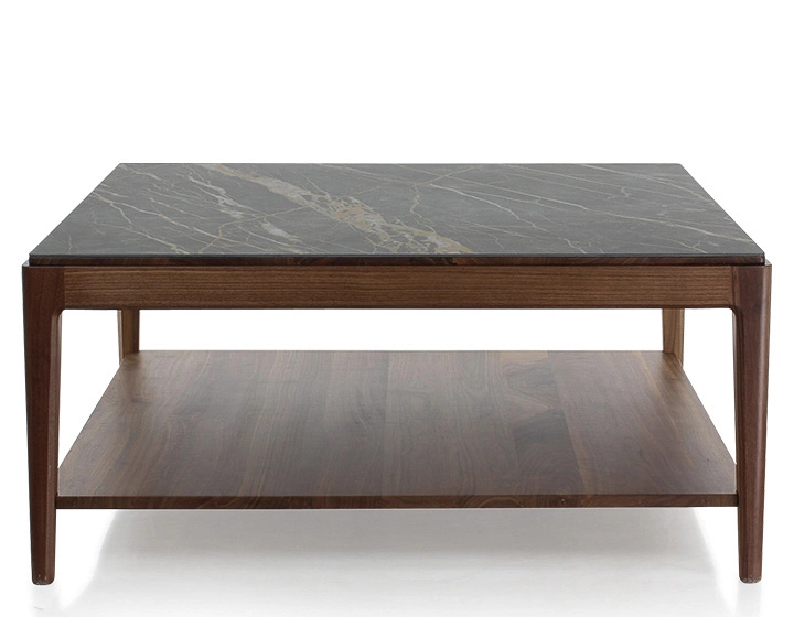 Table basse carrée en noyer et céramique avec tablette en bois teinte naturelle plateau céramique effet marbre noir 100x100 cm Table basse carrée en noyer et céramique avec tablette en bois teinte naturelle plateau céramique effet marbre noir 100x100 cm