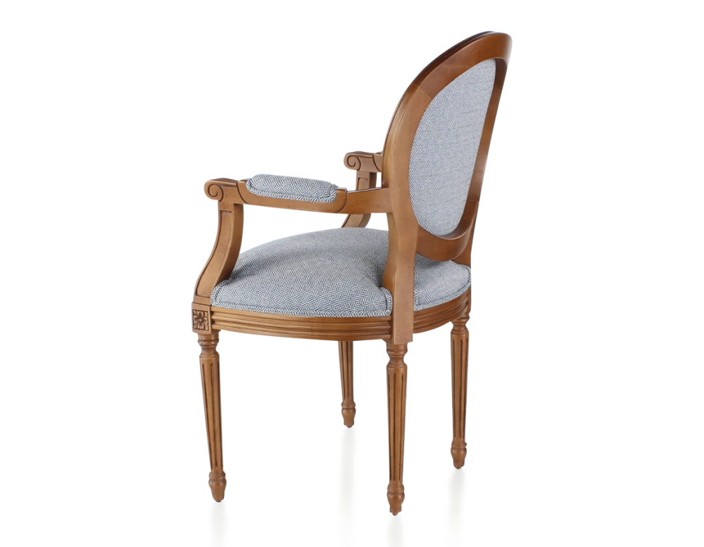 Antique Louis XVI style armchair with armrests aged wood stain and blue chevron fabric Antique Louis XVI style armchair with armrests aged wood stain and blue chevron fabric