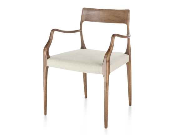 Chaise scandinave avec accoudoirs bois teinte noyer assise tissu chevron beige