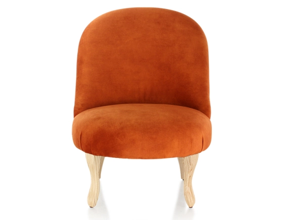 Fauteuil crapaud sans accoudoirs pieds bois teinte naturelle et tissu velours terracotta