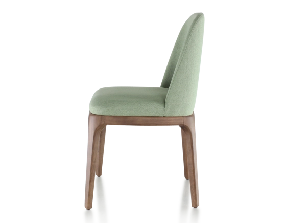 Designer chair dark brown stained wood and sage green fabric