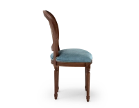 Louis XVI style antique chair dark brown stained wood with cane backrest and petrol blue velvet seat. Louis XVI style antique chair dark brown stained wood with cane backrest and petrol blue velvet seat.