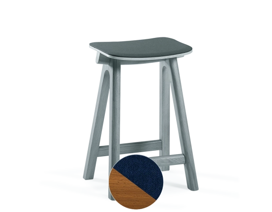 Upholstered oak bar stool H60 cm cherry-stained wood, navy blue seat