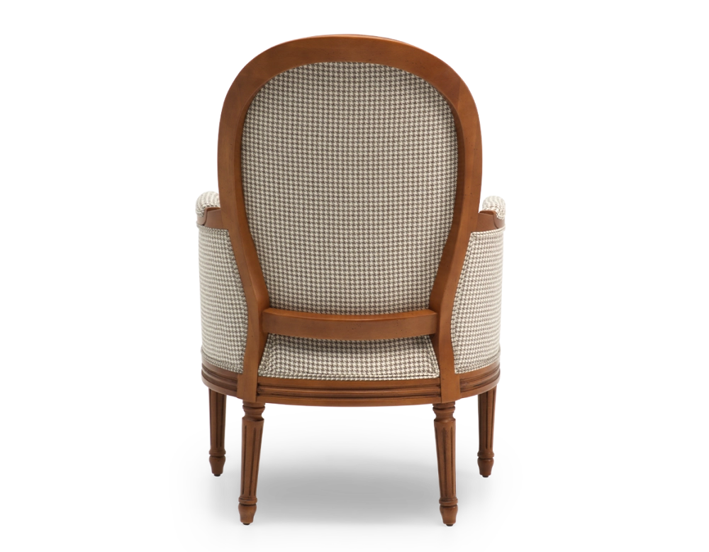 Louis XVI style bergère armchair wood antique stain and white and taupe houndstooth fabric Louis XVI style bergère armchair wood antique stain and white and taupe houndstooth fabric