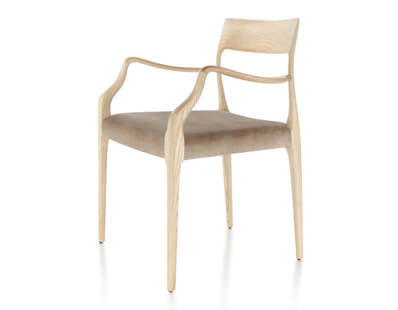 Chaise scandinave avec accoudoirs bois teinte naturelle assise tissu velours taupe clair