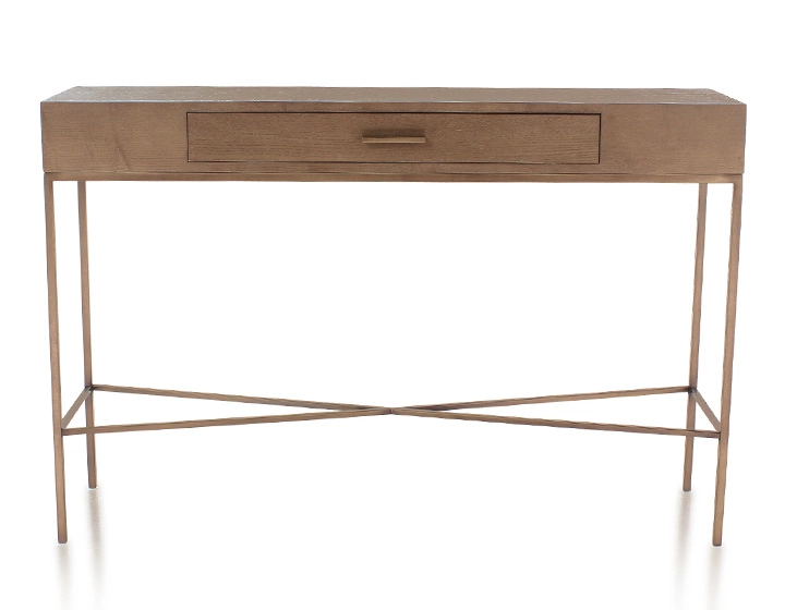 Console design frêne teinte noyer et métal patine laiton 100 cm Console design frêne teinte noyer et métal patine laiton 100 cm