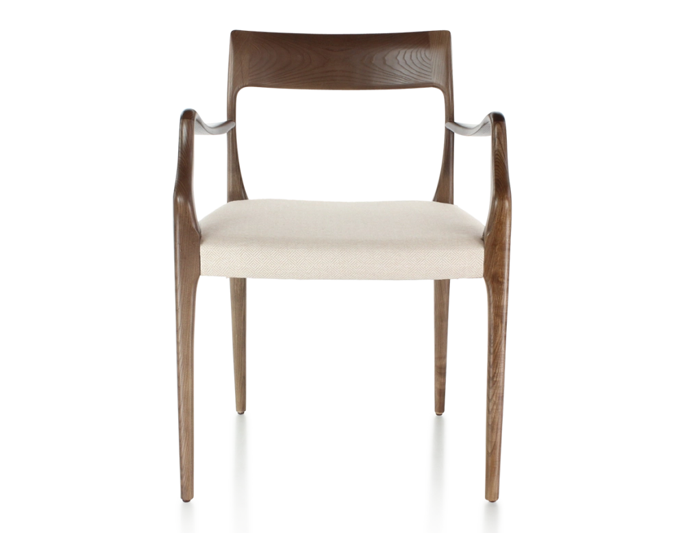 Chaise scandinave avec accoudoirs bois teinte marron foncé assise tissu chevron beige Chaise scandinave avec accoudoirs bois teinte marron foncé assise tissu chevron beige