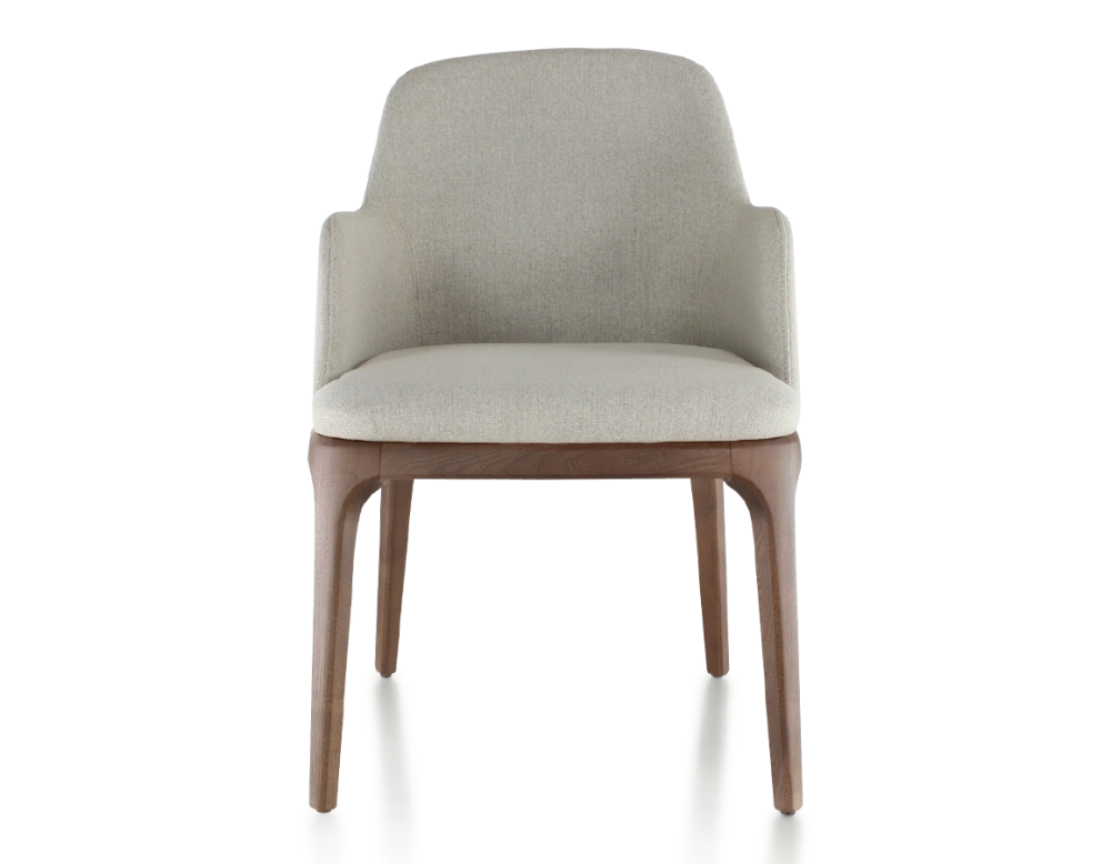 Chaise design avec accoudoirs bois teinte marron foncé et tissu beige naturel Chaise design avec accoudoirs bois teinte marron foncé et tissu beige naturel